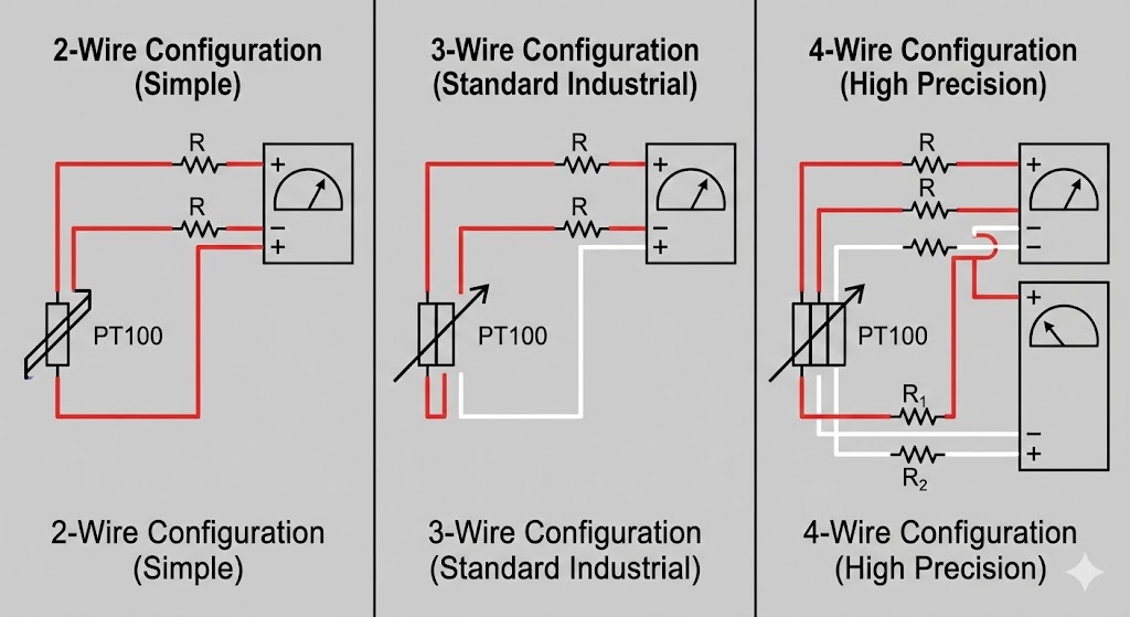 Sondes Pt100 : 2/3/4 fils 1 cablage PT100